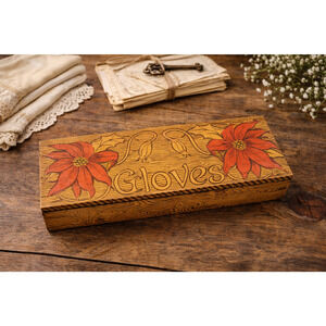 Rustic Pyrography Wood Glove Box Floral Poinsettia Vintage Storage Case